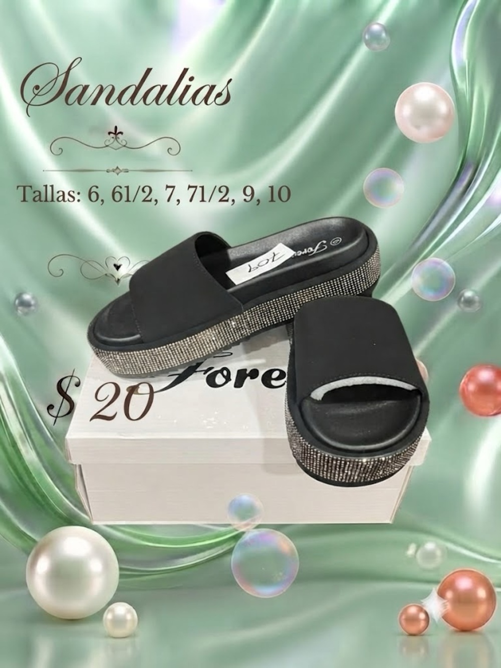 Black Platform Slide Sandals with Rhinestone Trim